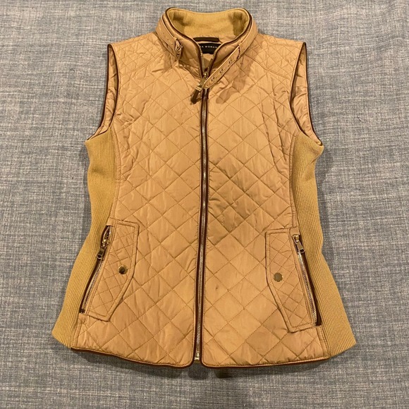 Zara Jackets & Blazers - Zara Woman Tan Quilted Puffer Vest Camel Gold Zip Ribbed Sides Size Medium
